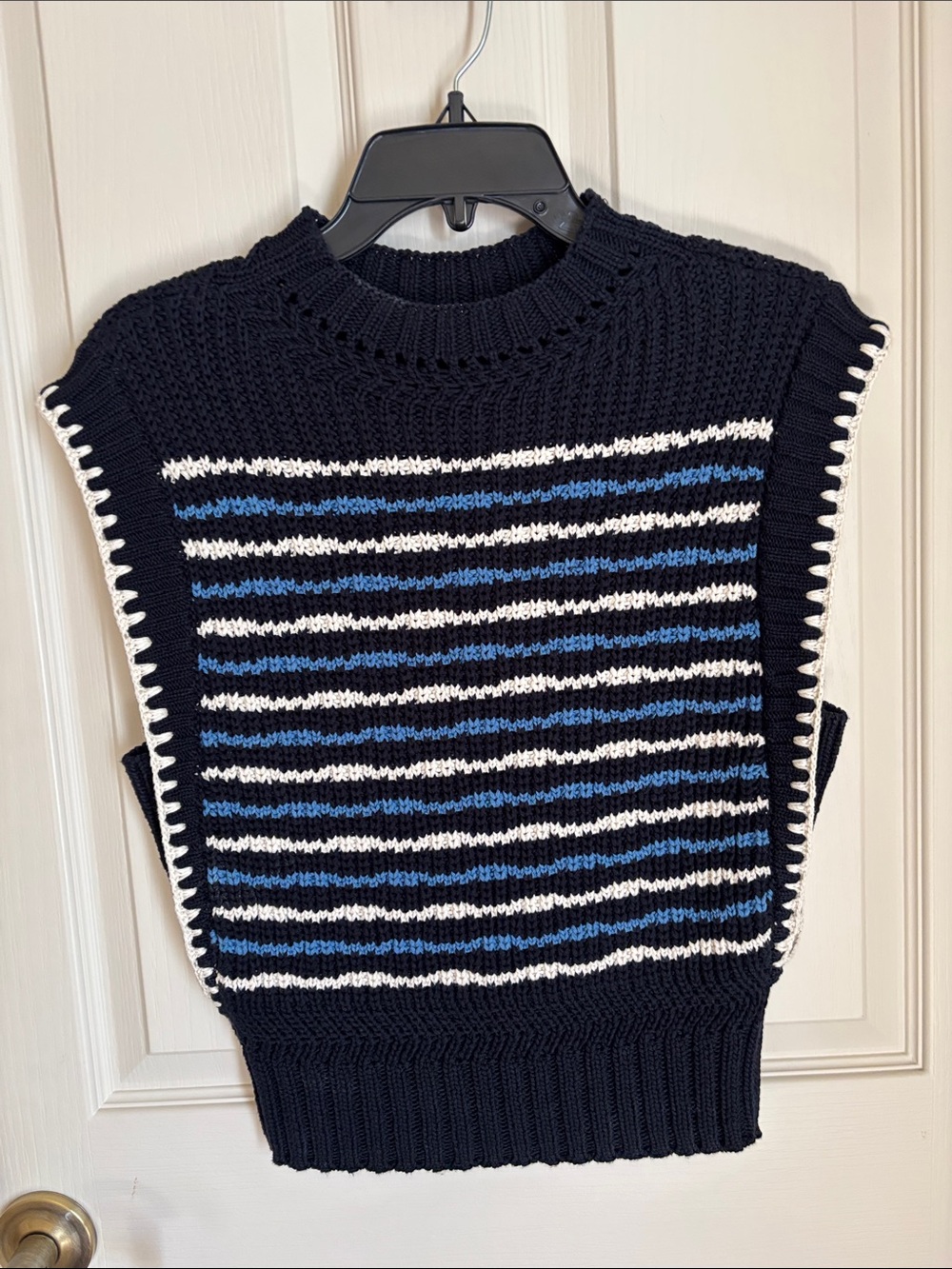 Veronica Beard Navy Striped Knit Sweater Vest with Blue & White Accents